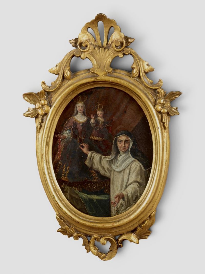 Santa Rosa da Lima che adorna con il rosario una statua della Madonna con bambino