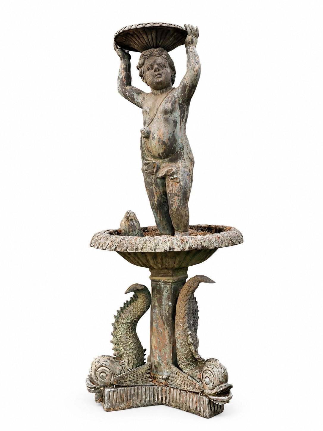 Fontana da giardino, bronzo con putto e delfini, inizi del XX secolo