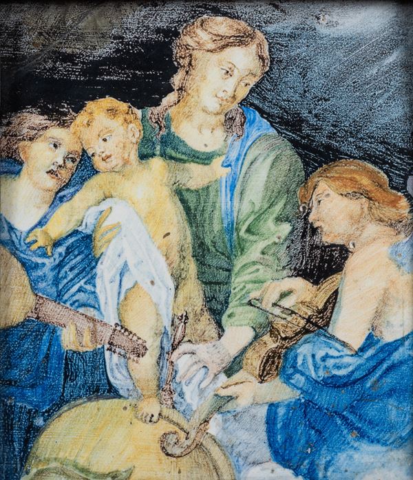 Maiolica policroma raffigurante Madonna con Bambino e San Giovannino