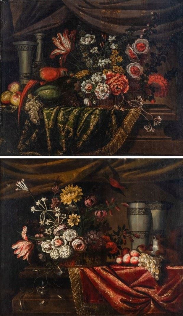 Coppia di nature morte con fiori, frutta e animali