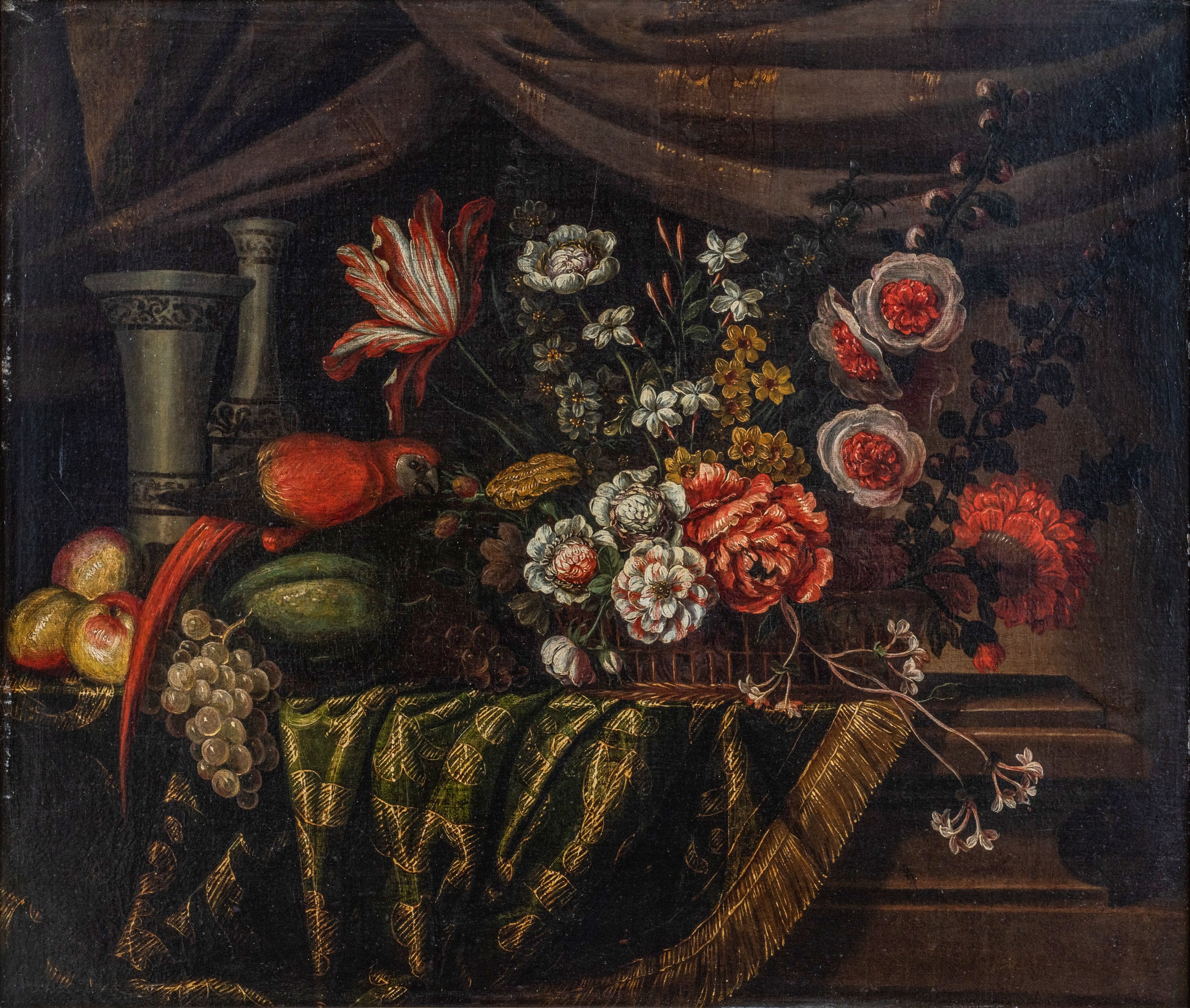 Coppia di nature morte con fiori, frutta e animali