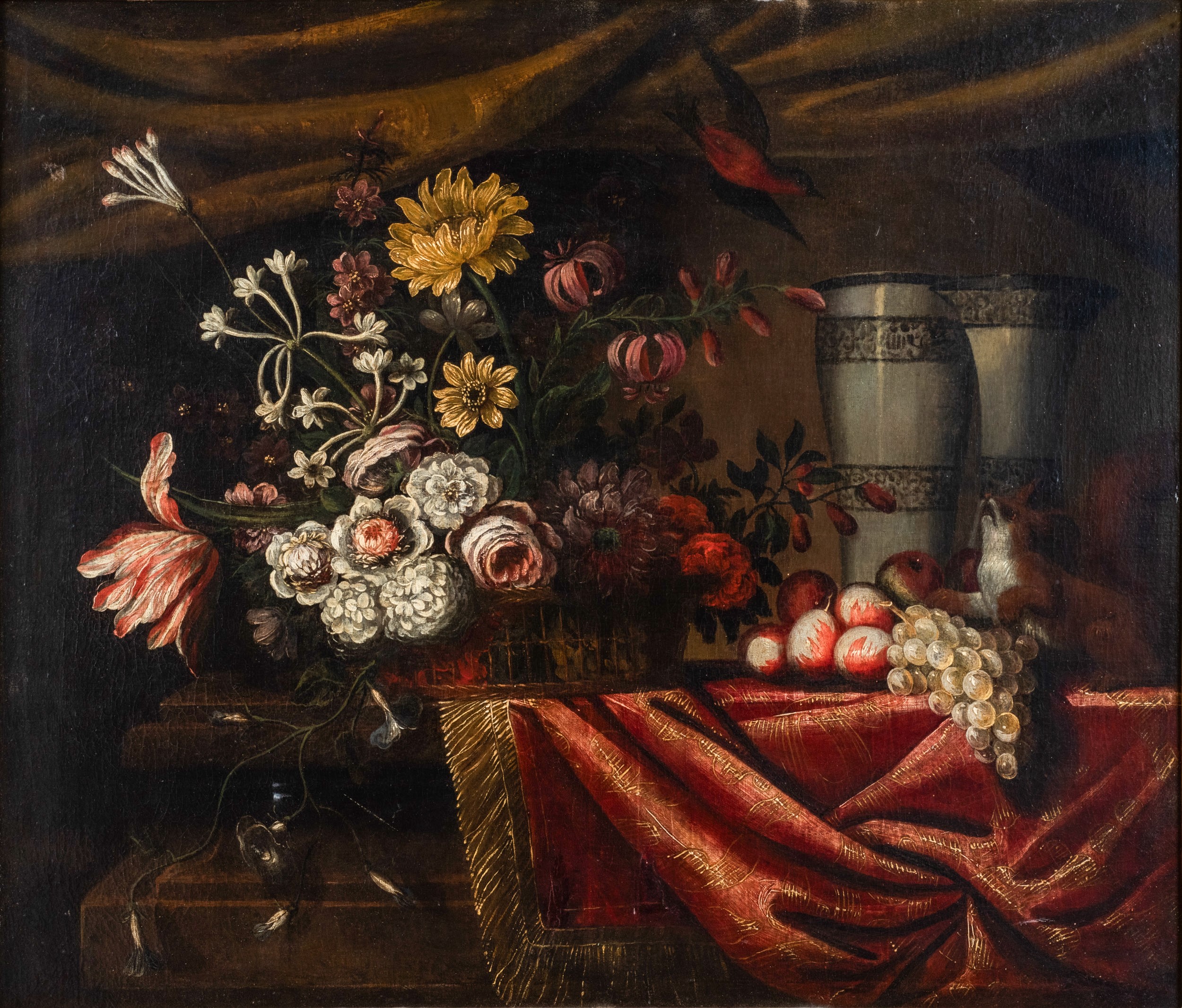 Coppia di nature morte con fiori, frutta e animali