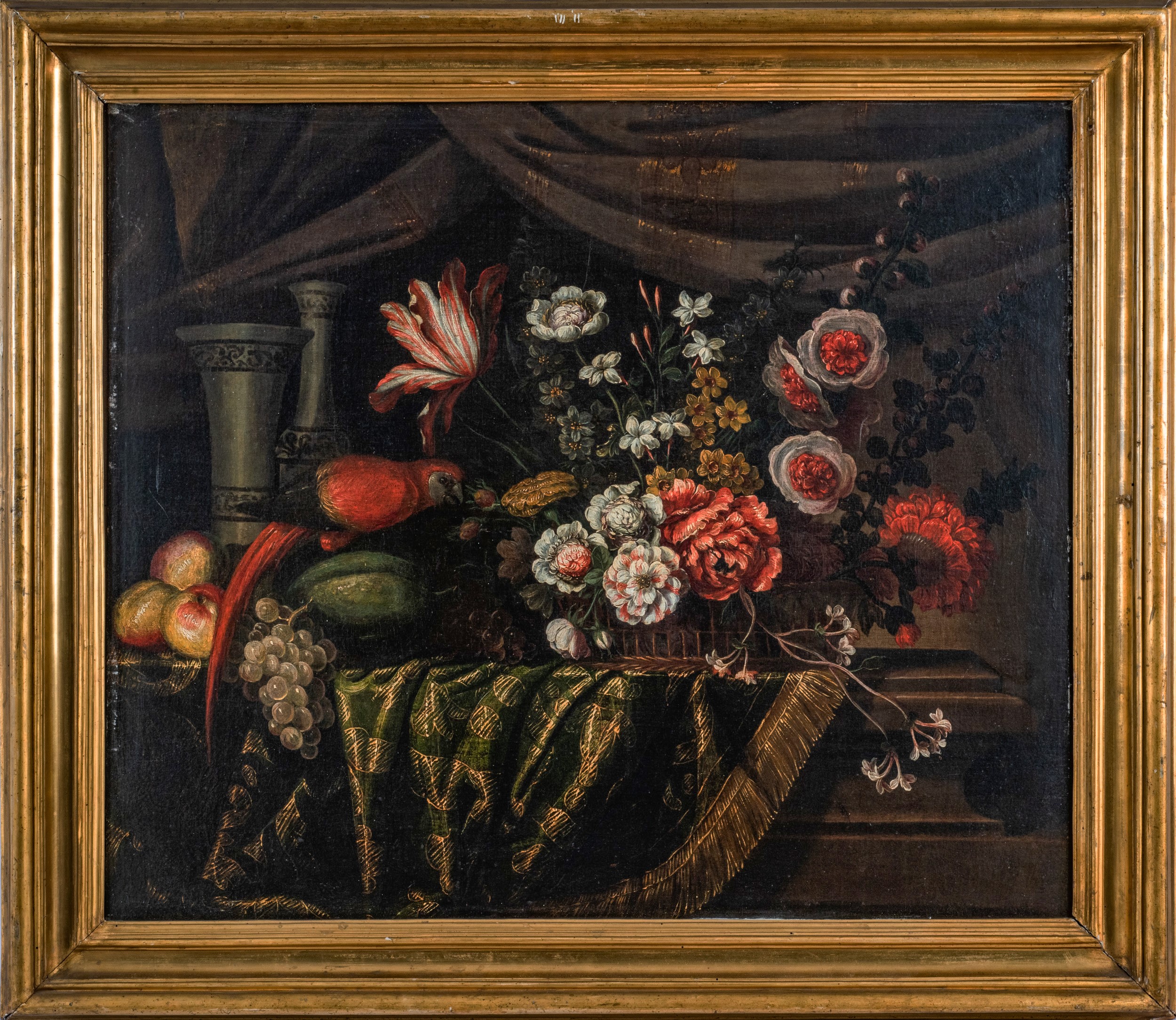 Coppia di nature morte con fiori, frutta e animali