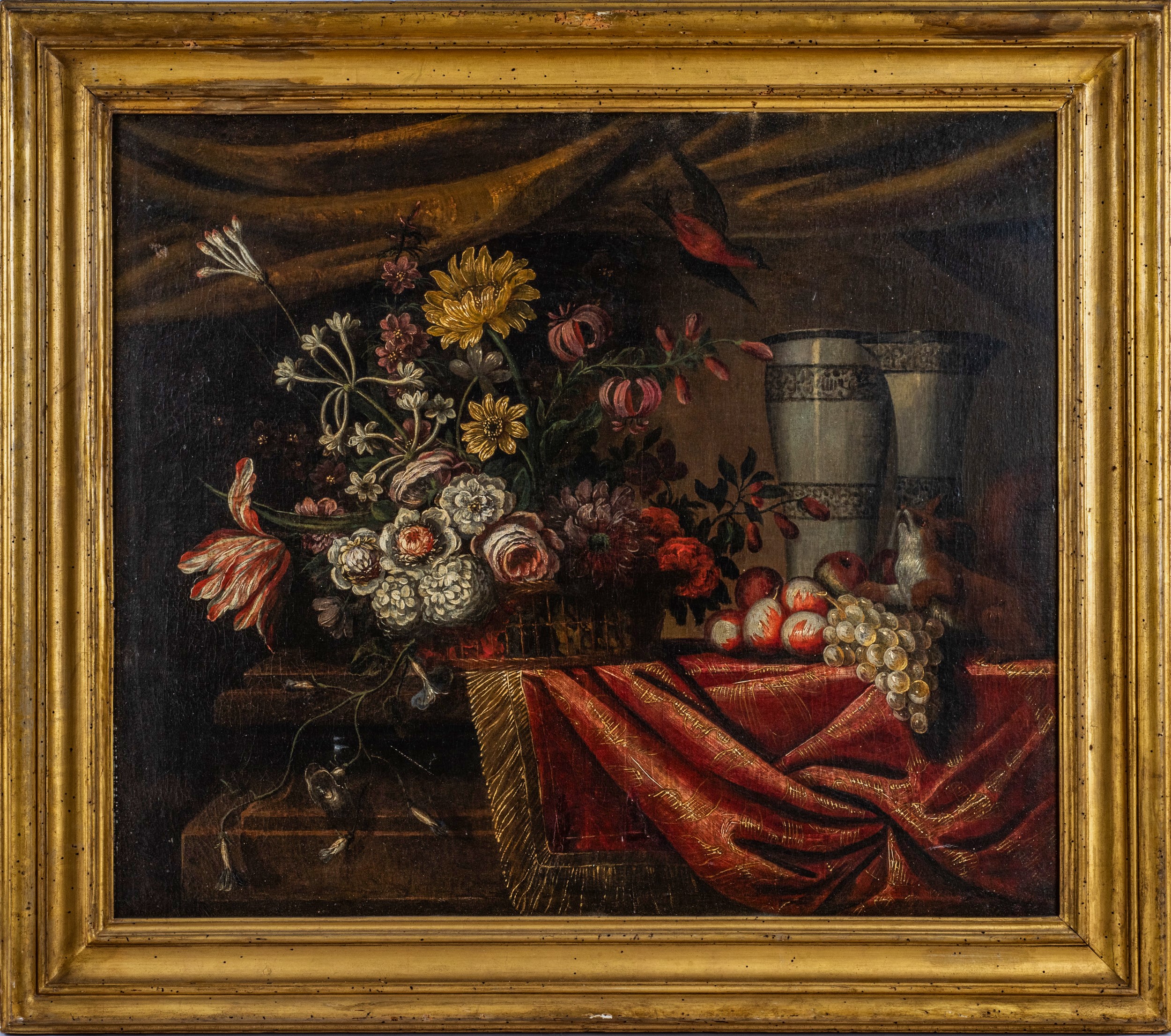 Coppia di nature morte con fiori, frutta e animali