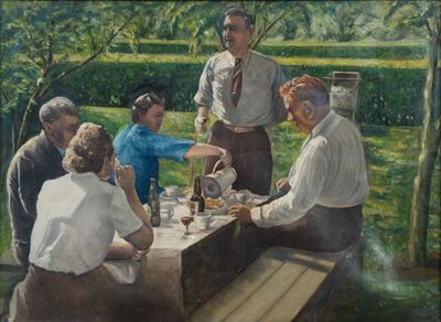 Pittore danese, Scena conviviale, olio su tela
