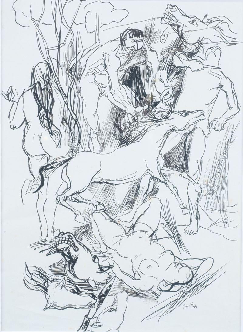 Renato Guttuso - Illustrazione a una poesia di Sergej Ēsenin, china su carta lucida
