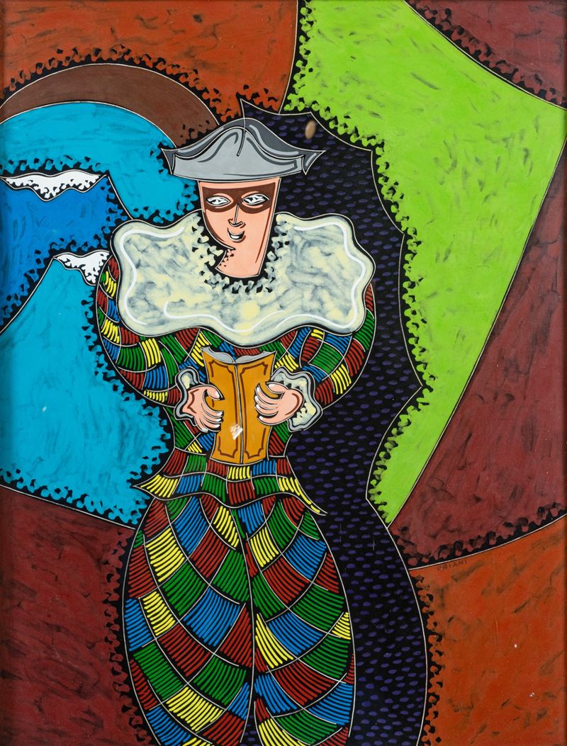Pippo Oriani - Arlecchino lettore, encausto su carta
