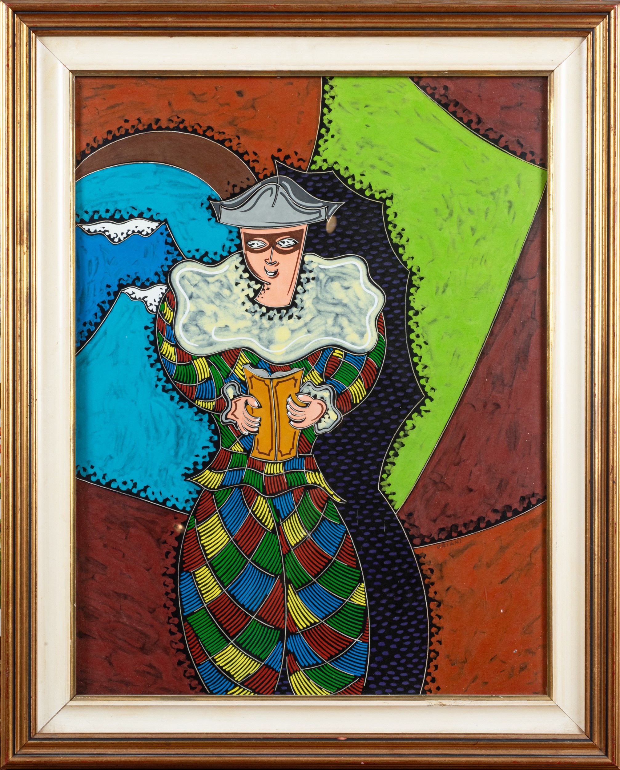 Pippo Oriani - Arlecchino lettore, encausto su carta