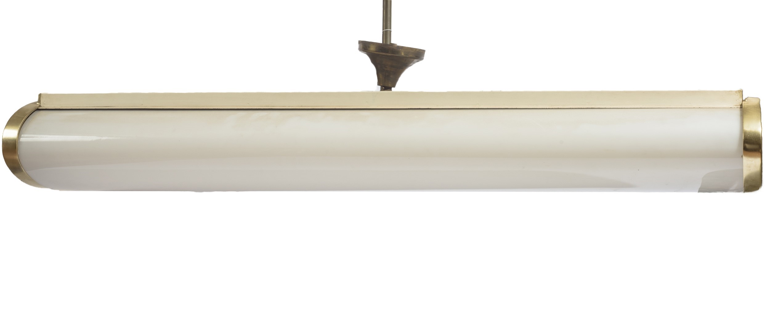 Italia, Lampada a sospensione in plexiglass con struttura in metallo ottonato, anni '50 del XX se...