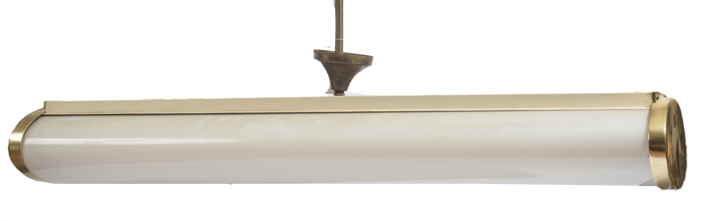 Italia, Lampada a sospensione in plexiglass con struttura in metallo ottonato, anni '50 del XX se...