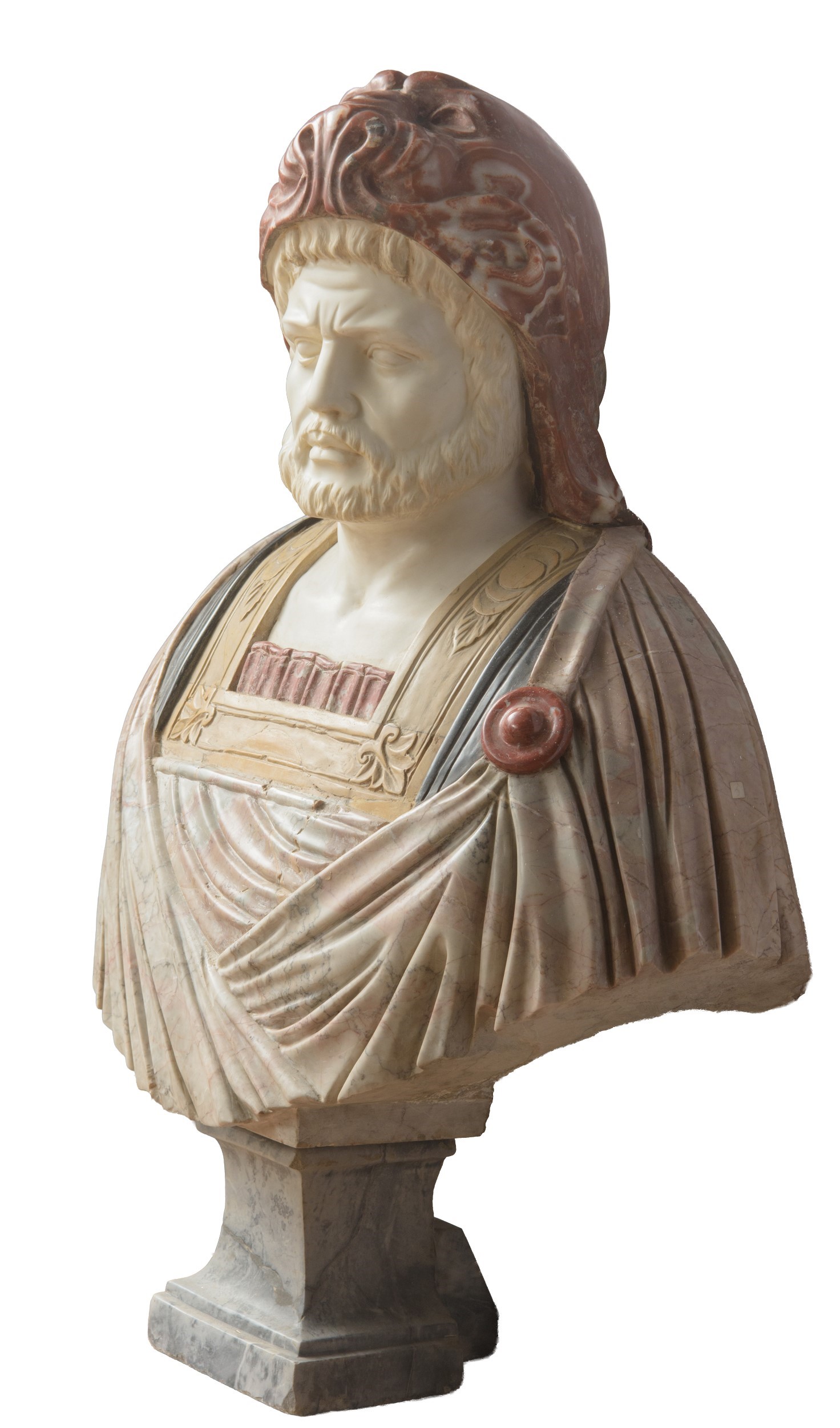 Italia, metà XX secolo, Grande busto di Ercole con il vello, scultura in marmi policromi