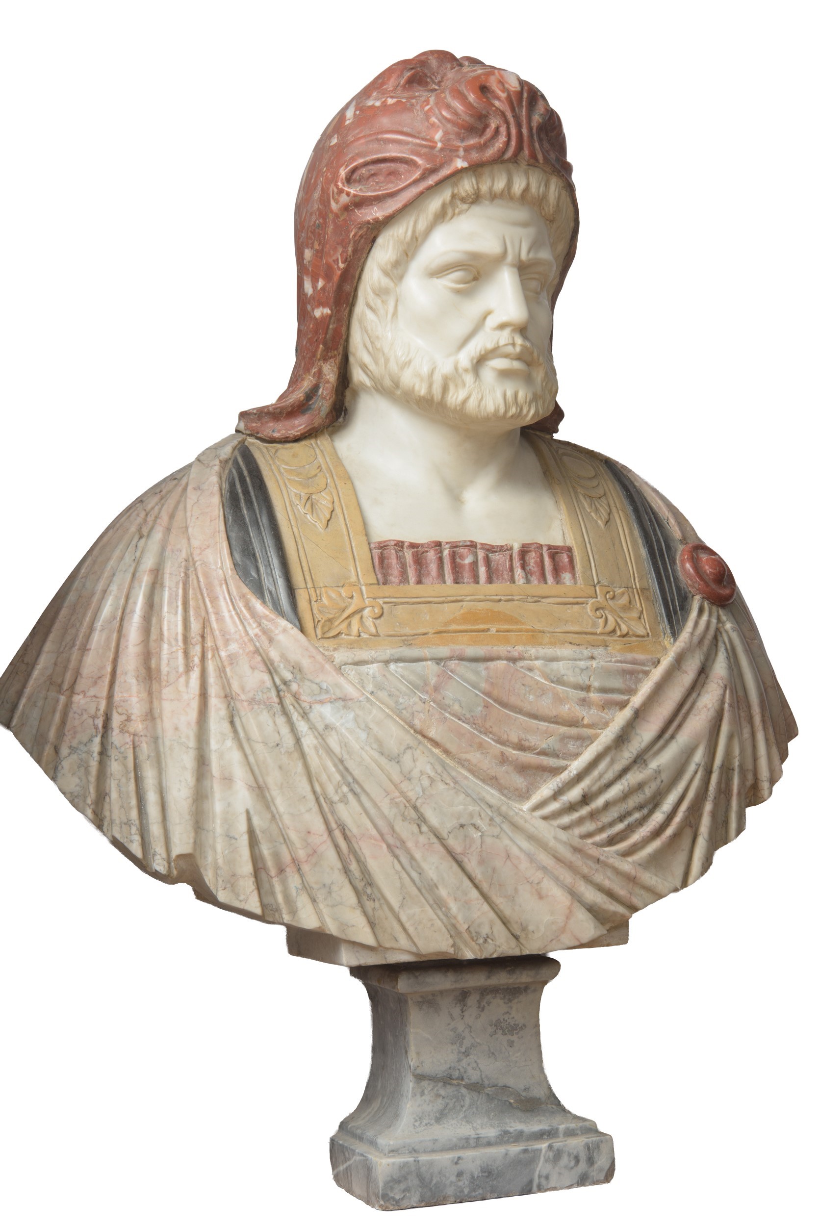 Italia, metà XX secolo, Grande busto di Ercole con il vello, scultura in marmi policromi