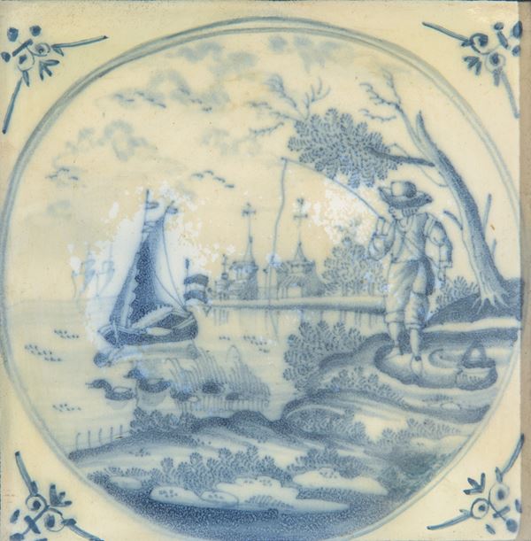DELFT - Piastrella con scena di pesca