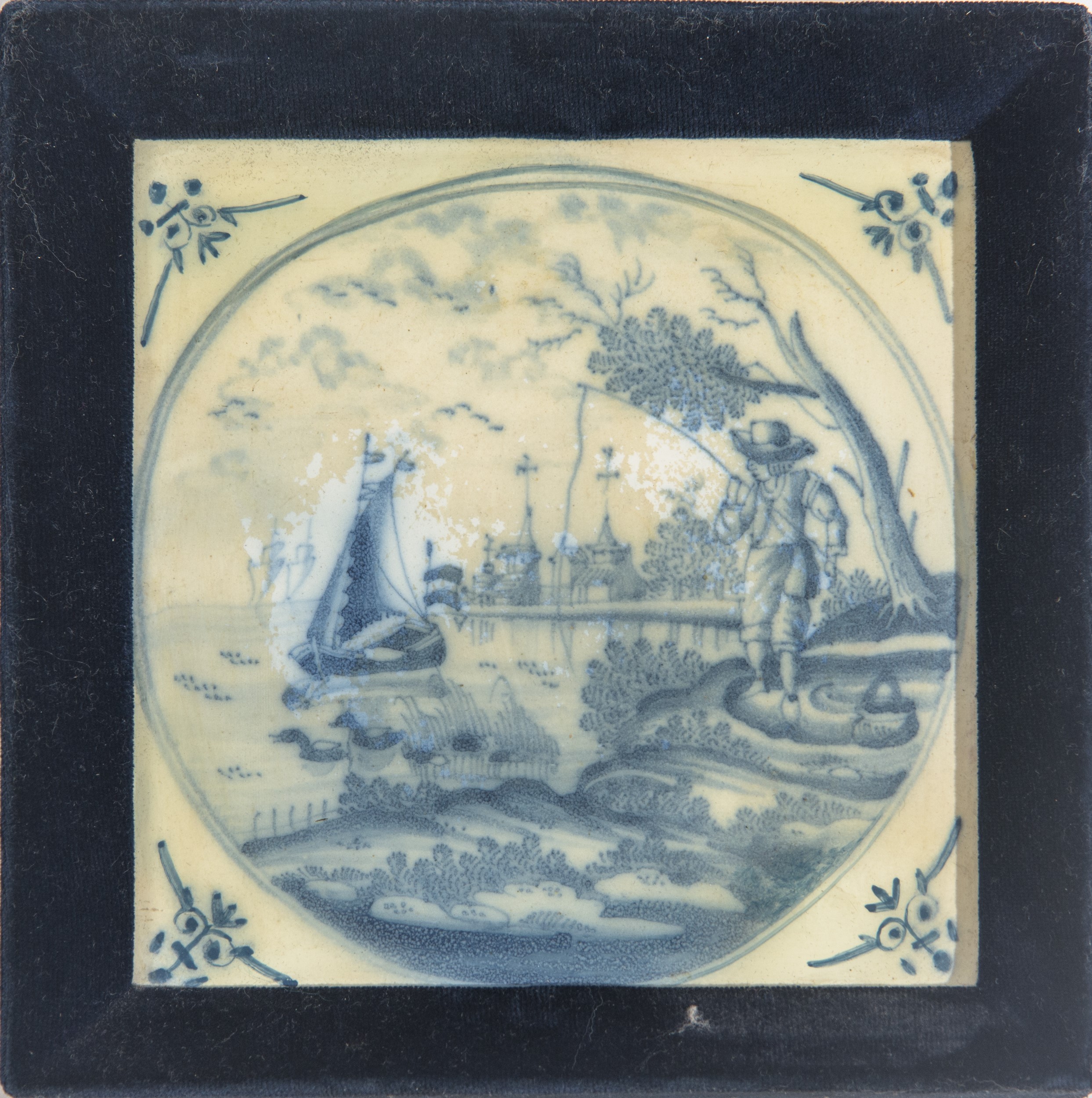 Delft, Piastrella con scena di pesca, ceramica smaltata