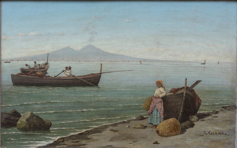 Veduta del Vesuvio da Posillipo con pescatori