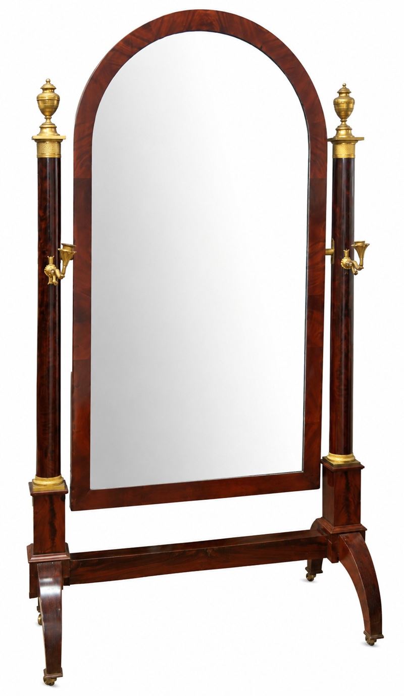 Specchiera “Psiche” in legno di mogano con specchio basculante, manifattura francese, inizio XIX ...