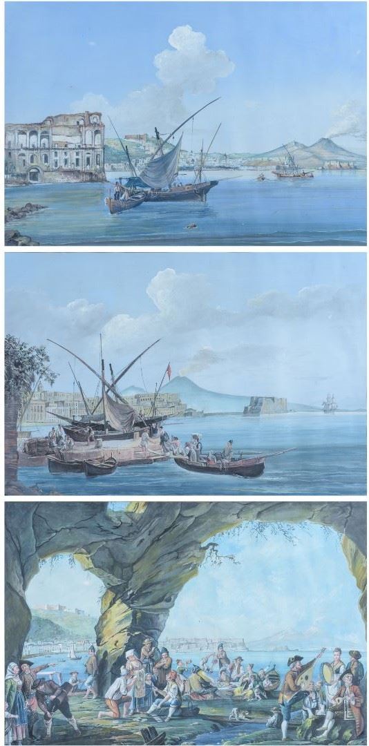 Tre gouaches napoletane raffiguranti scene con vedute sul Vesuvio