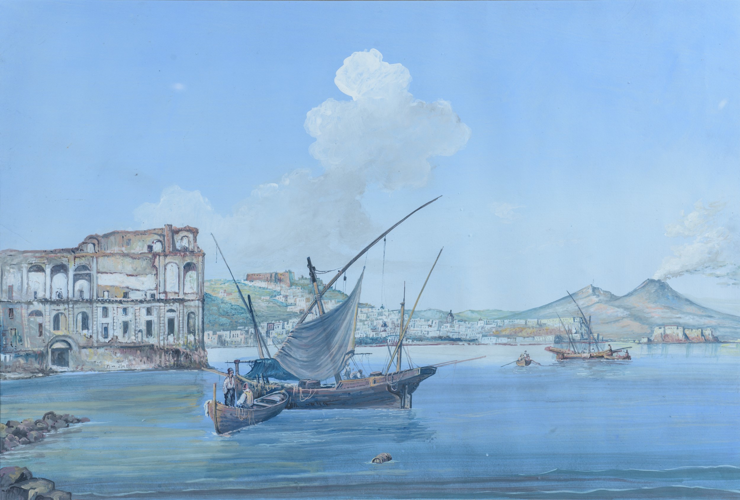 Tre gouaches napoletane con scene e vedute del Vesuvio, tempera su carta, XIX secolo