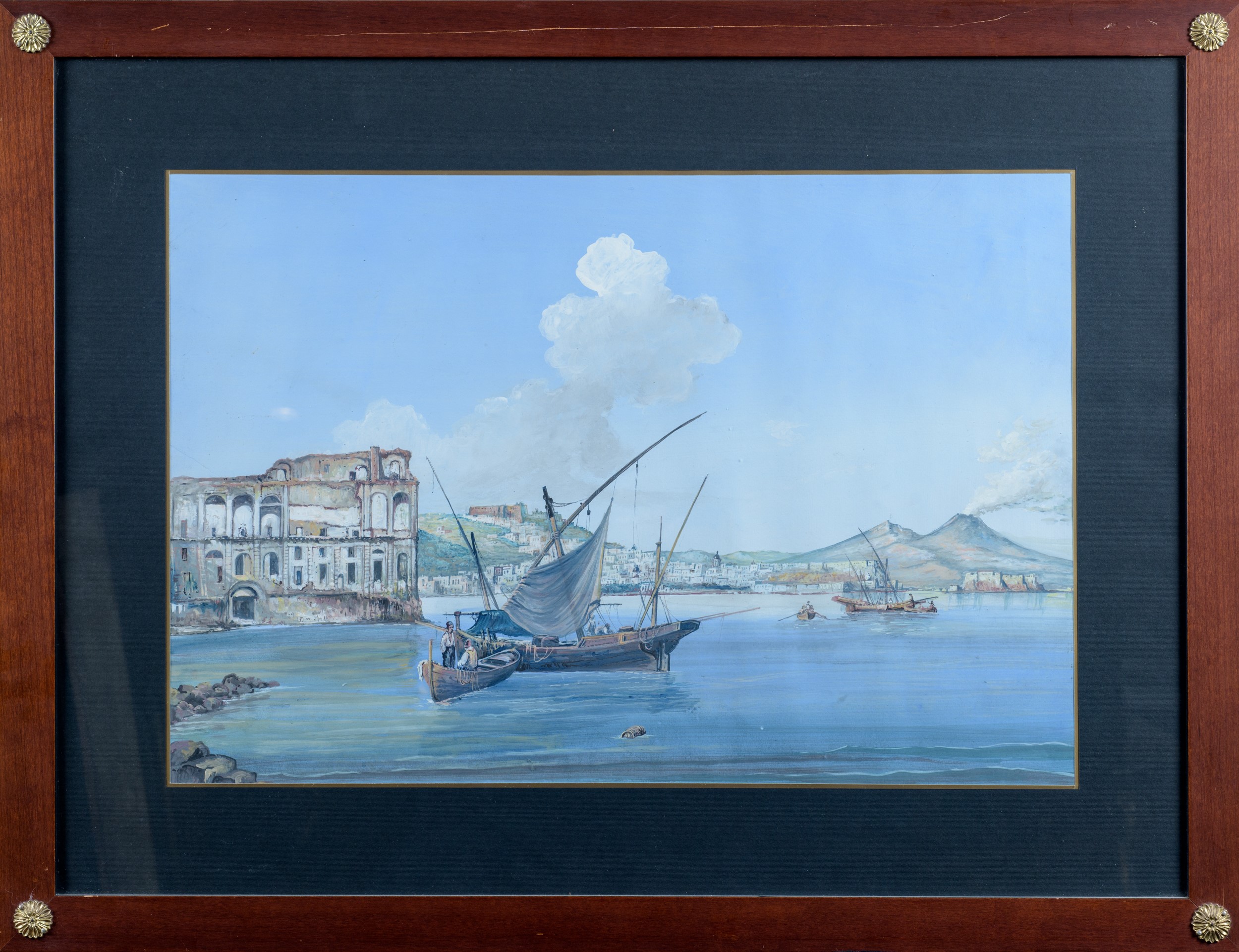 Tre gouaches napoletane con scene e vedute del Vesuvio, tempera su carta, XIX secolo