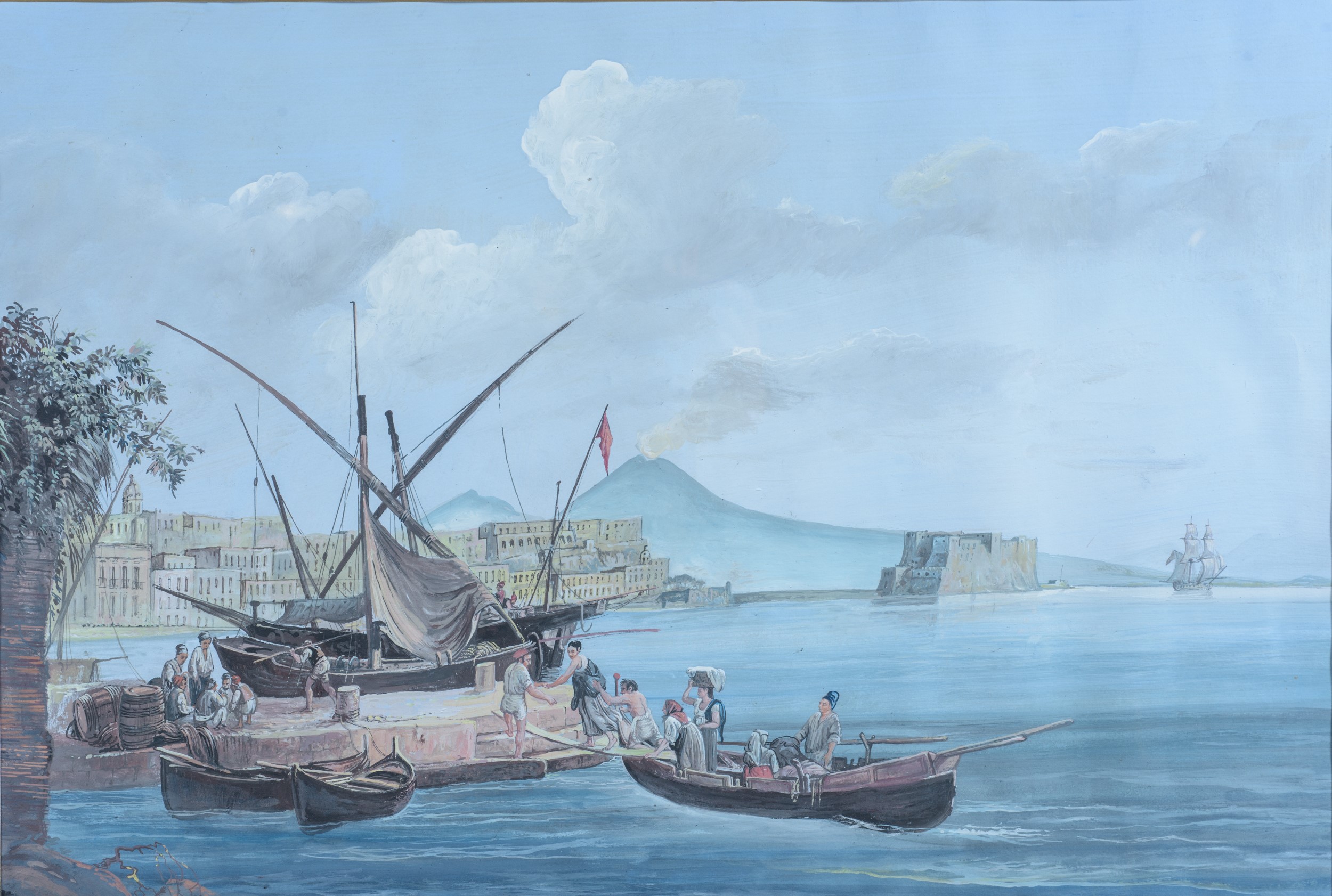 Tre gouaches napoletane con scene e vedute del Vesuvio, tempera su carta, XIX secolo