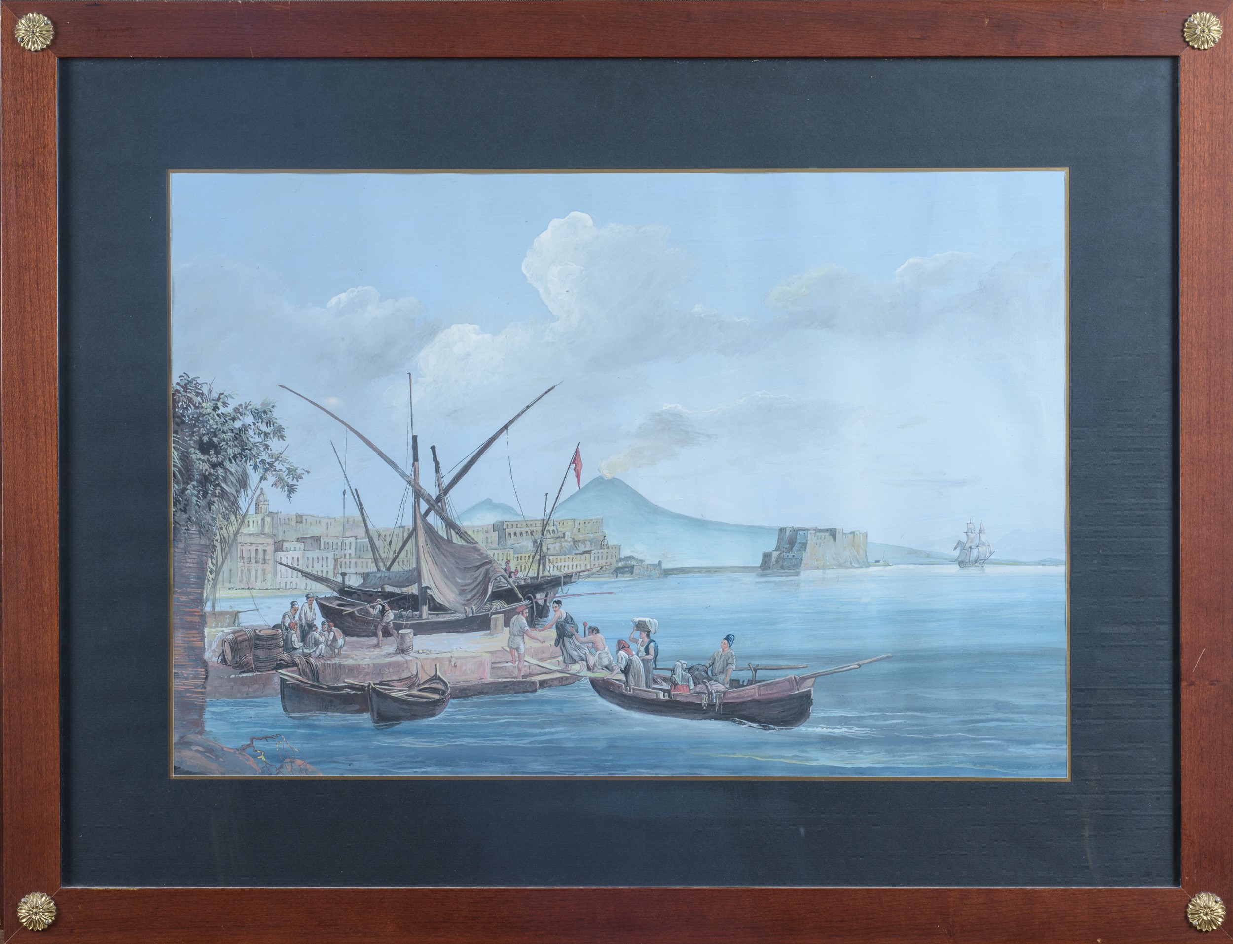 Tre gouaches napoletane con scene e vedute del Vesuvio, tempera su carta, XIX secolo