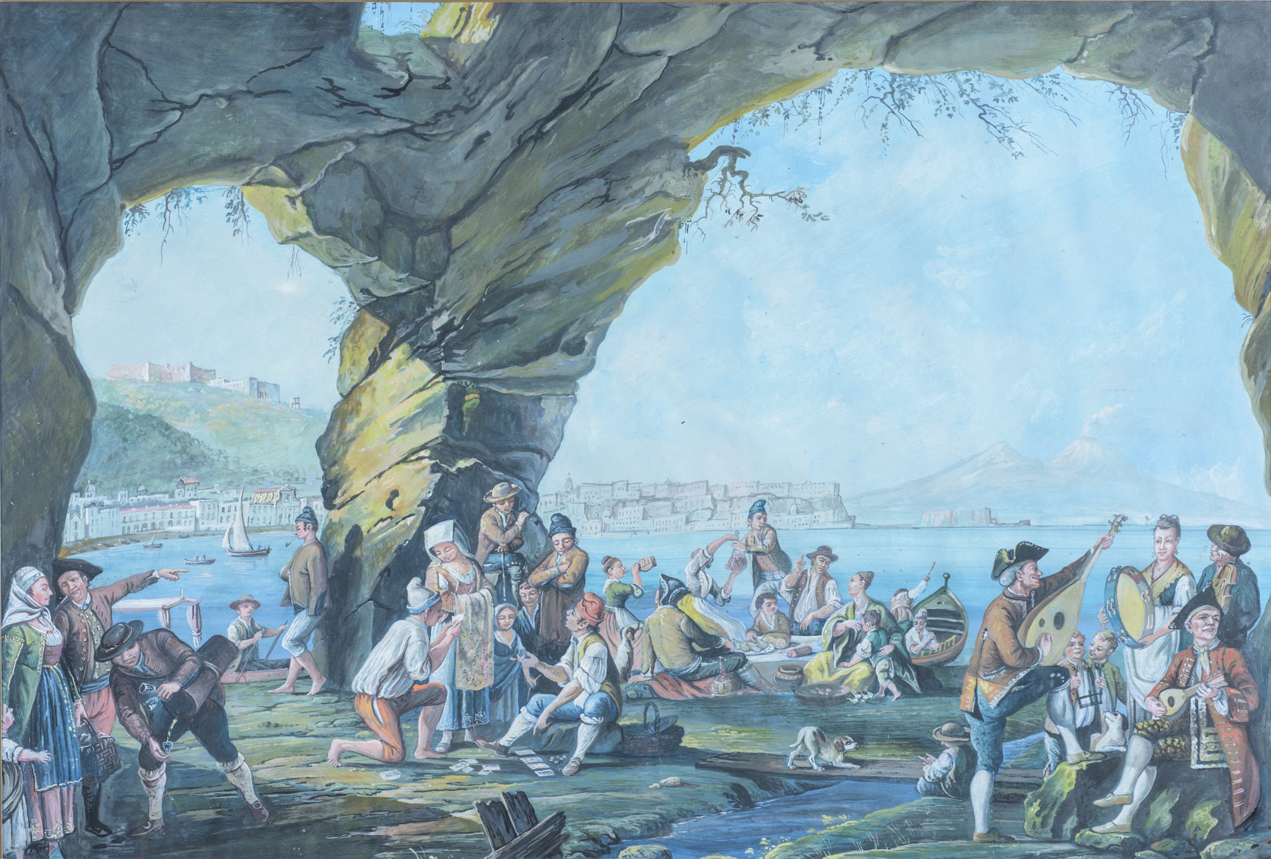 Tre gouaches napoletane con scene e vedute del Vesuvio, tempera su carta, XIX secolo