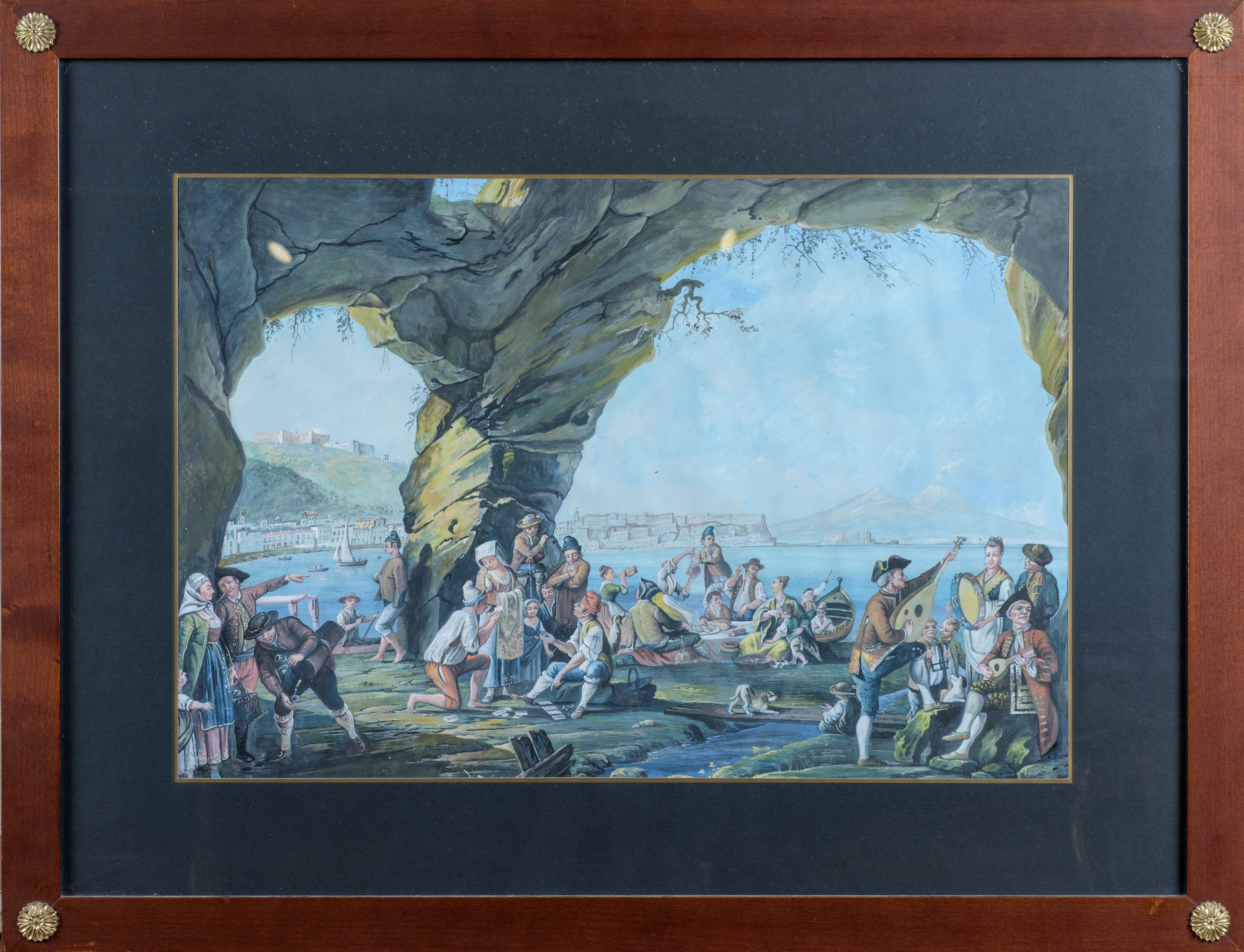 Tre gouaches napoletane con scene e vedute del Vesuvio, tempera su carta, XIX secolo