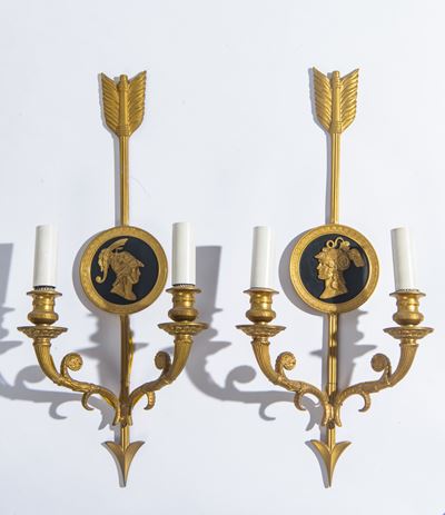 Francia, Impero (prima metà XX secolo), Coppia di appliques in bronzo dorato e brunito