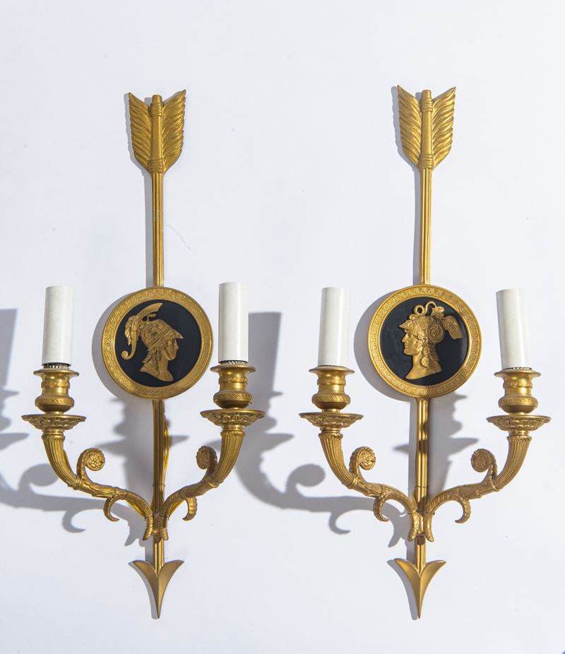 Francia, Impero (prima metà XX secolo), Coppia di appliques in bronzo dorato e brunito
