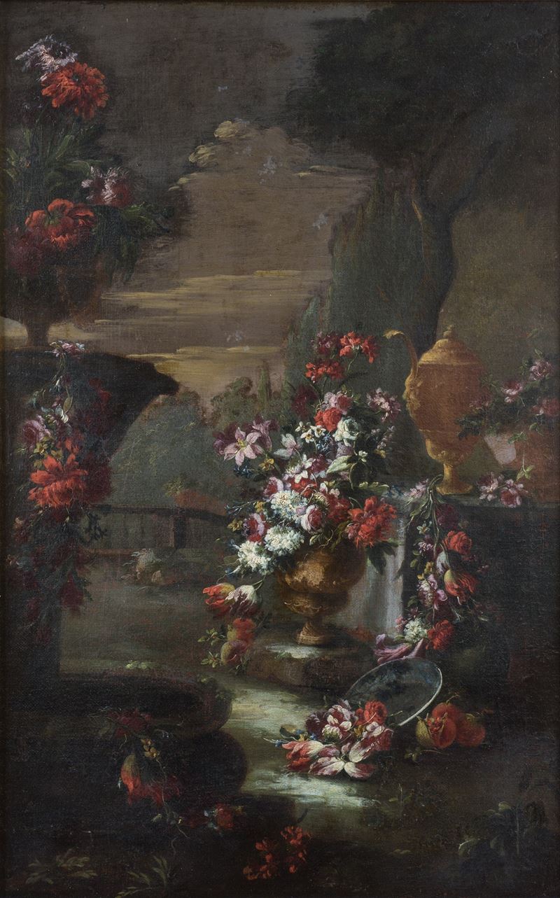 Composizione floreale con vaso di fiori in un paesaggio