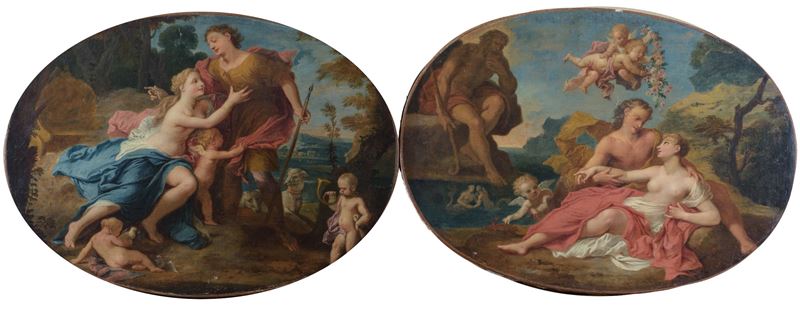 Coppia di ovali raffiguranti scene mitologiche: Polifemo e Galatea e Venere che trattiene Marte