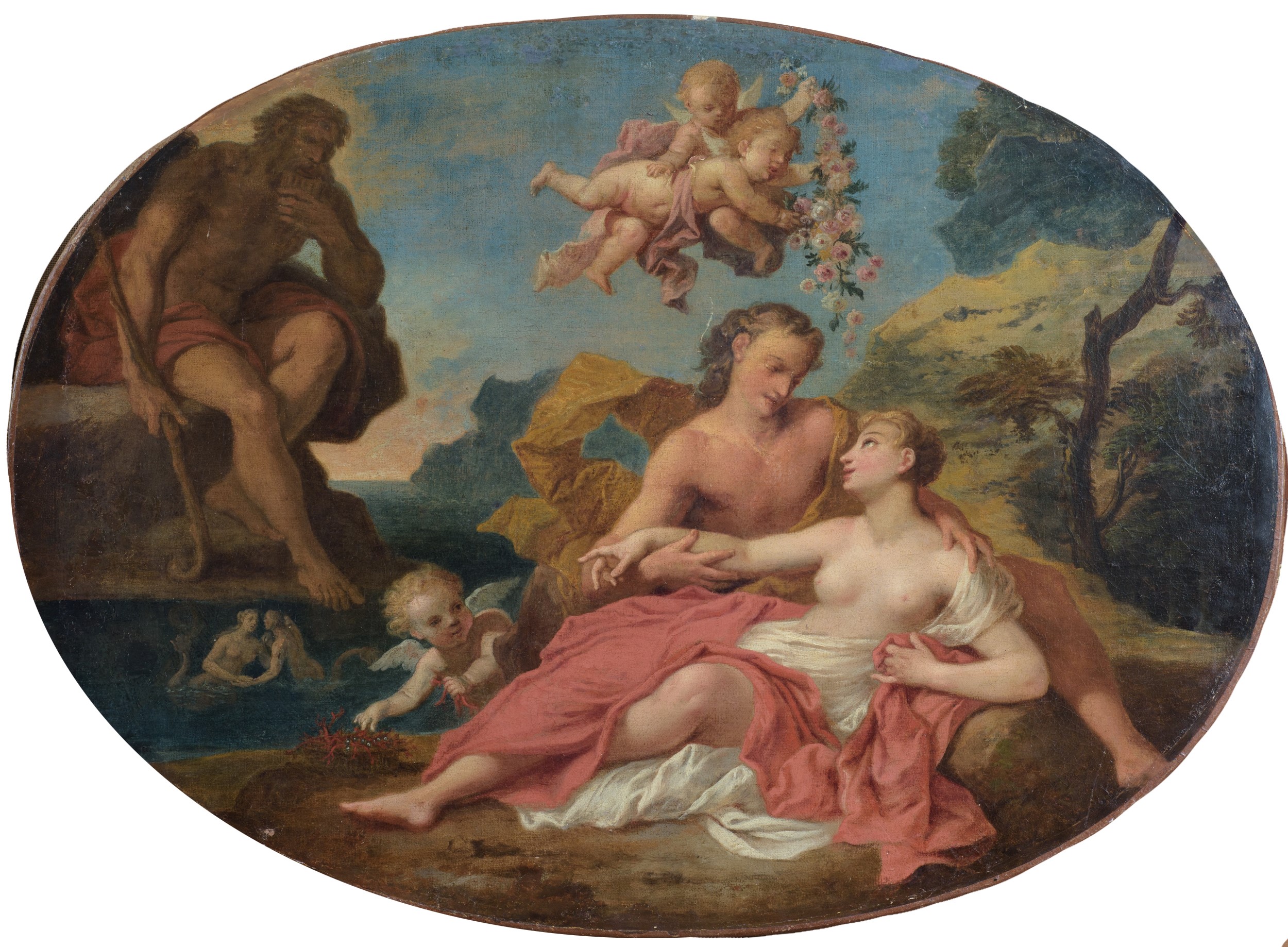 Coppia di ovali raffiguranti scene mitologiche: Polifemo e Galatea e Venere che trattiene Marte