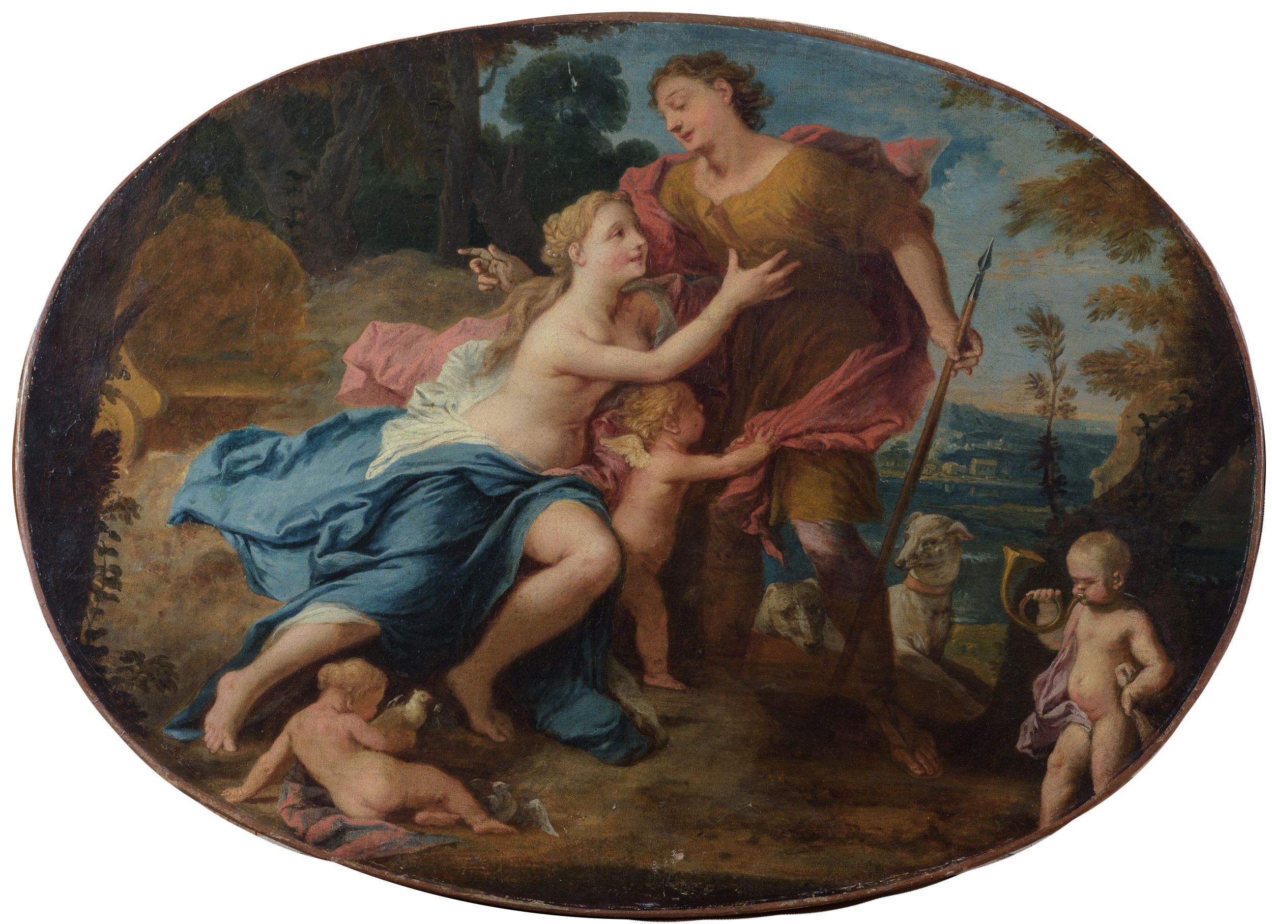 Coppia di ovali raffiguranti scene mitologiche: Polifemo e Galatea e Venere che trattiene Marte