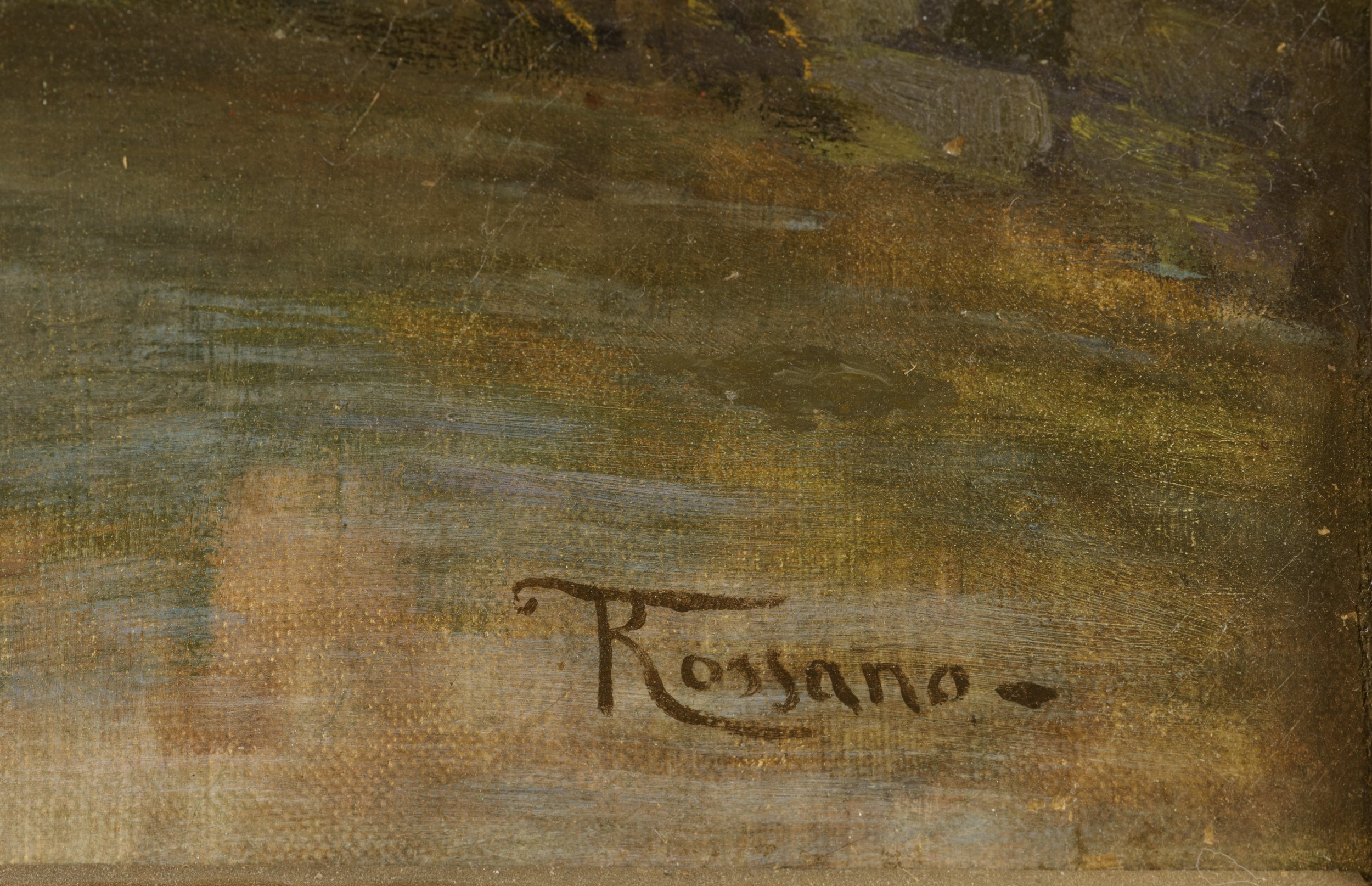Federico Rossano - Paesaggio fluviale con figure, olio su tela