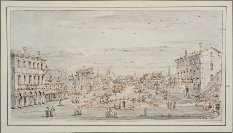Giuseppe Latini Maestro del Ricciolo - Veduta di Mestre (china e acquerello su carta)
