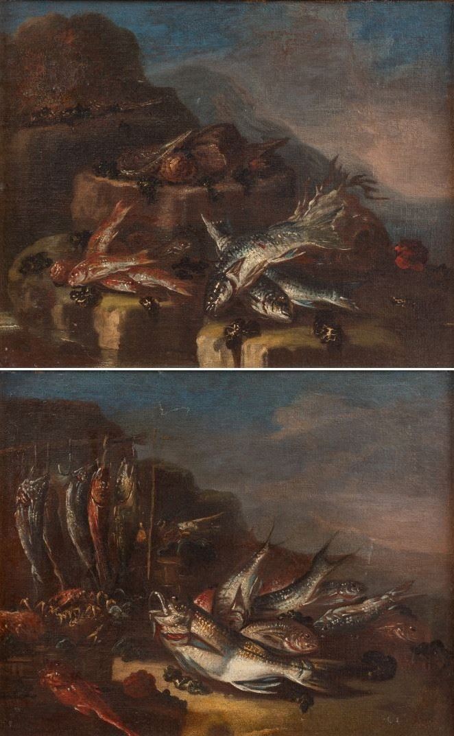 Coppia di nature morte con pesci e crostacei