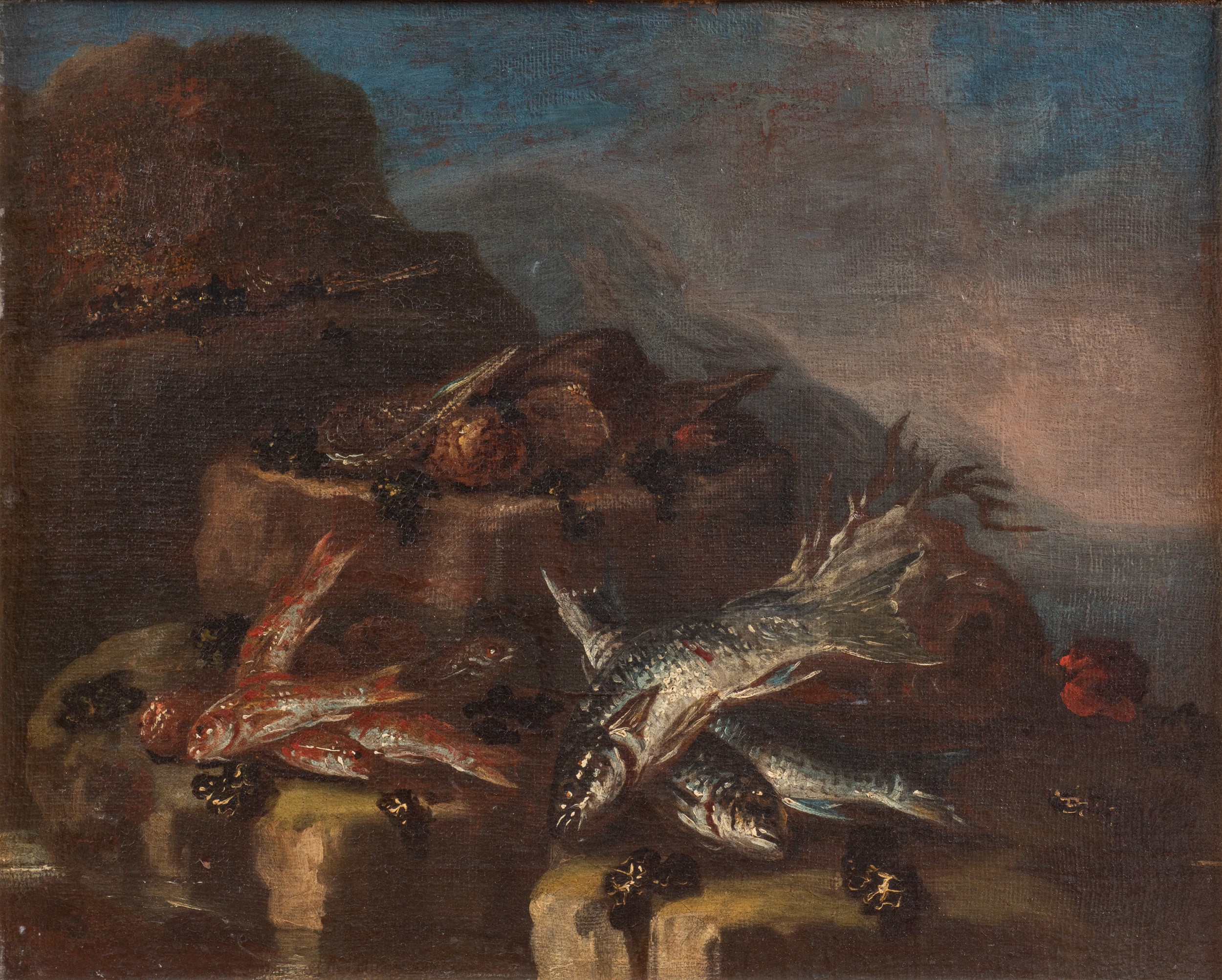 Coppia di nature morte con pesci e crostacei