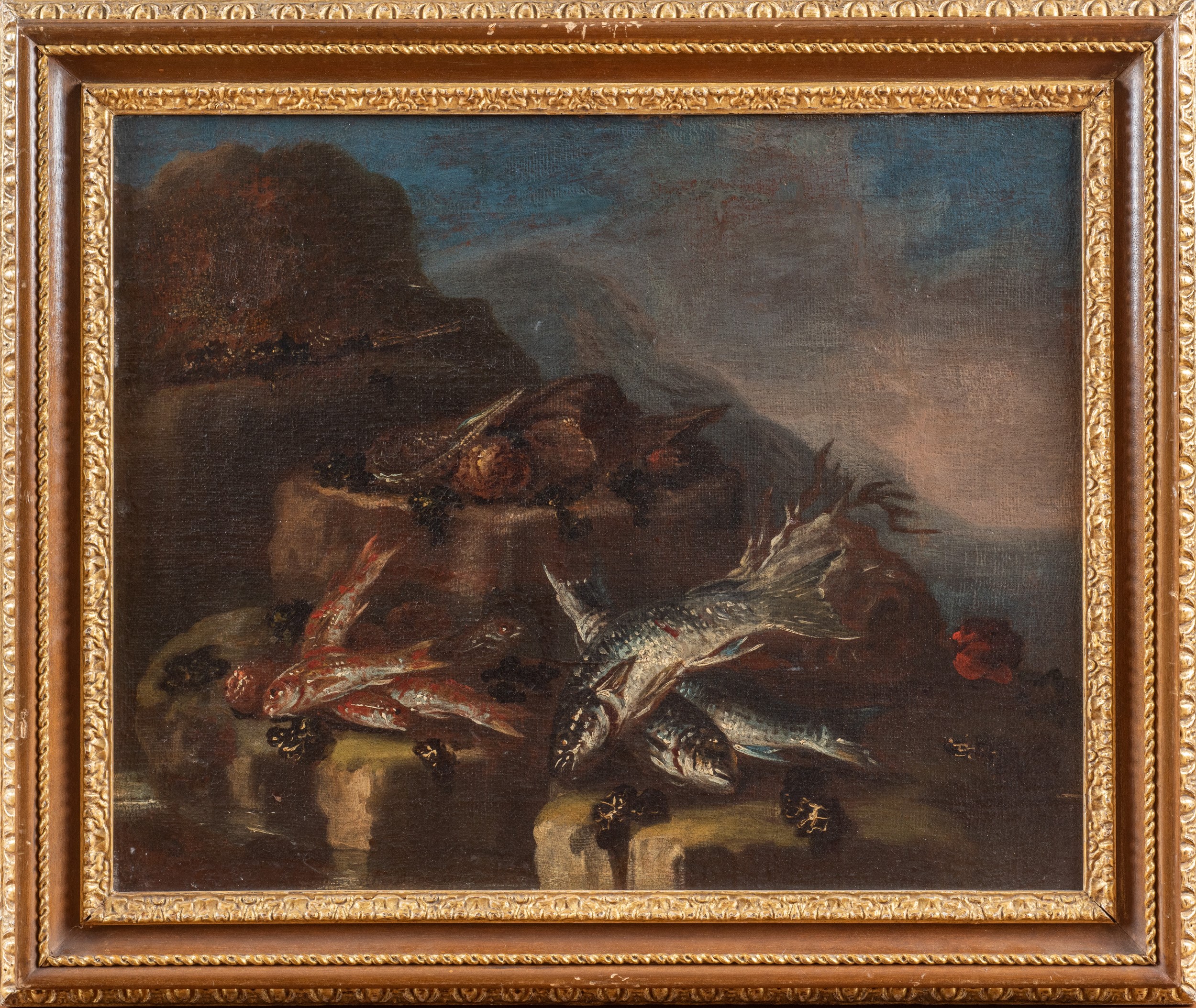 Coppia di nature morte con pesci e crostacei