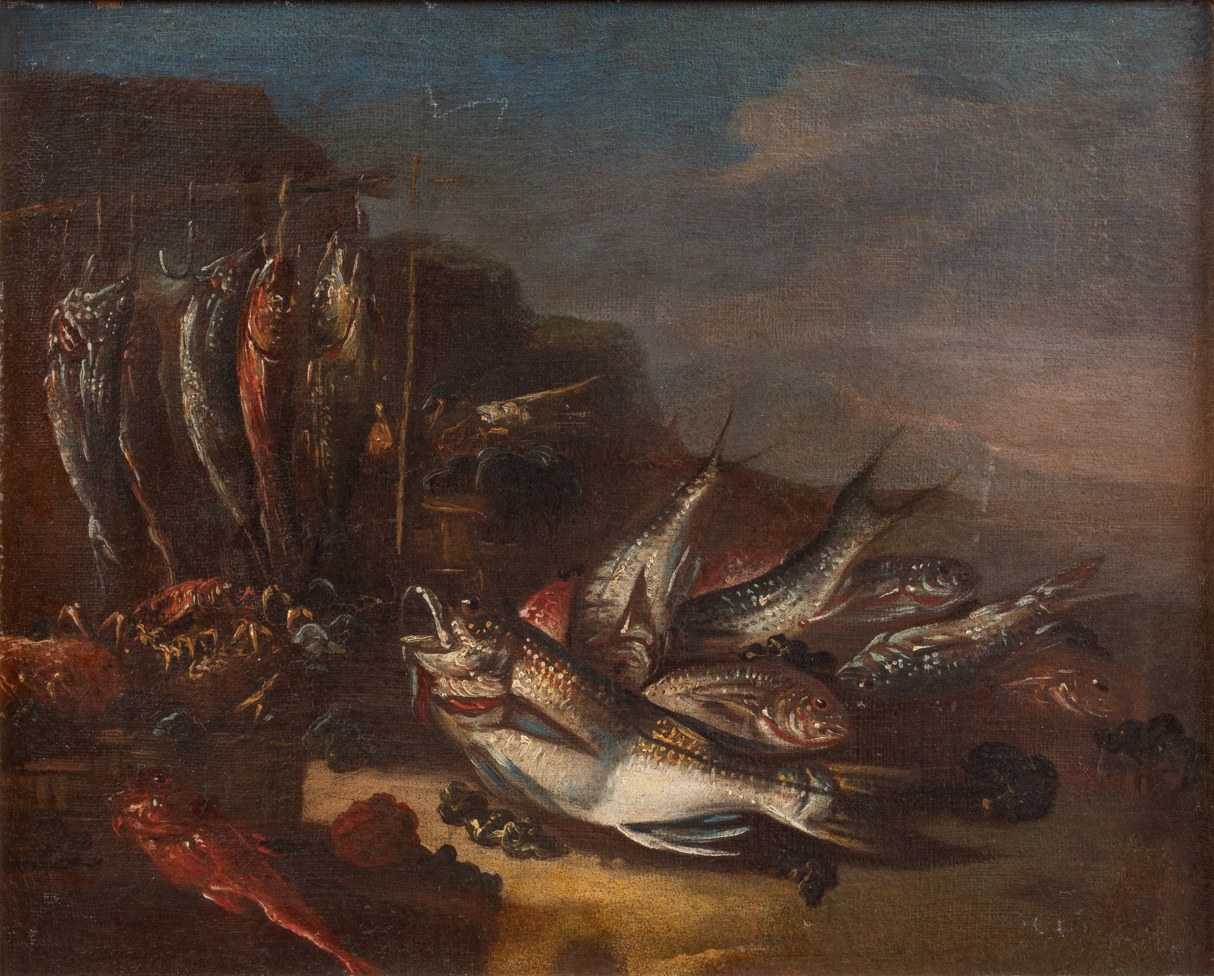 Coppia di nature morte con pesci e crostacei