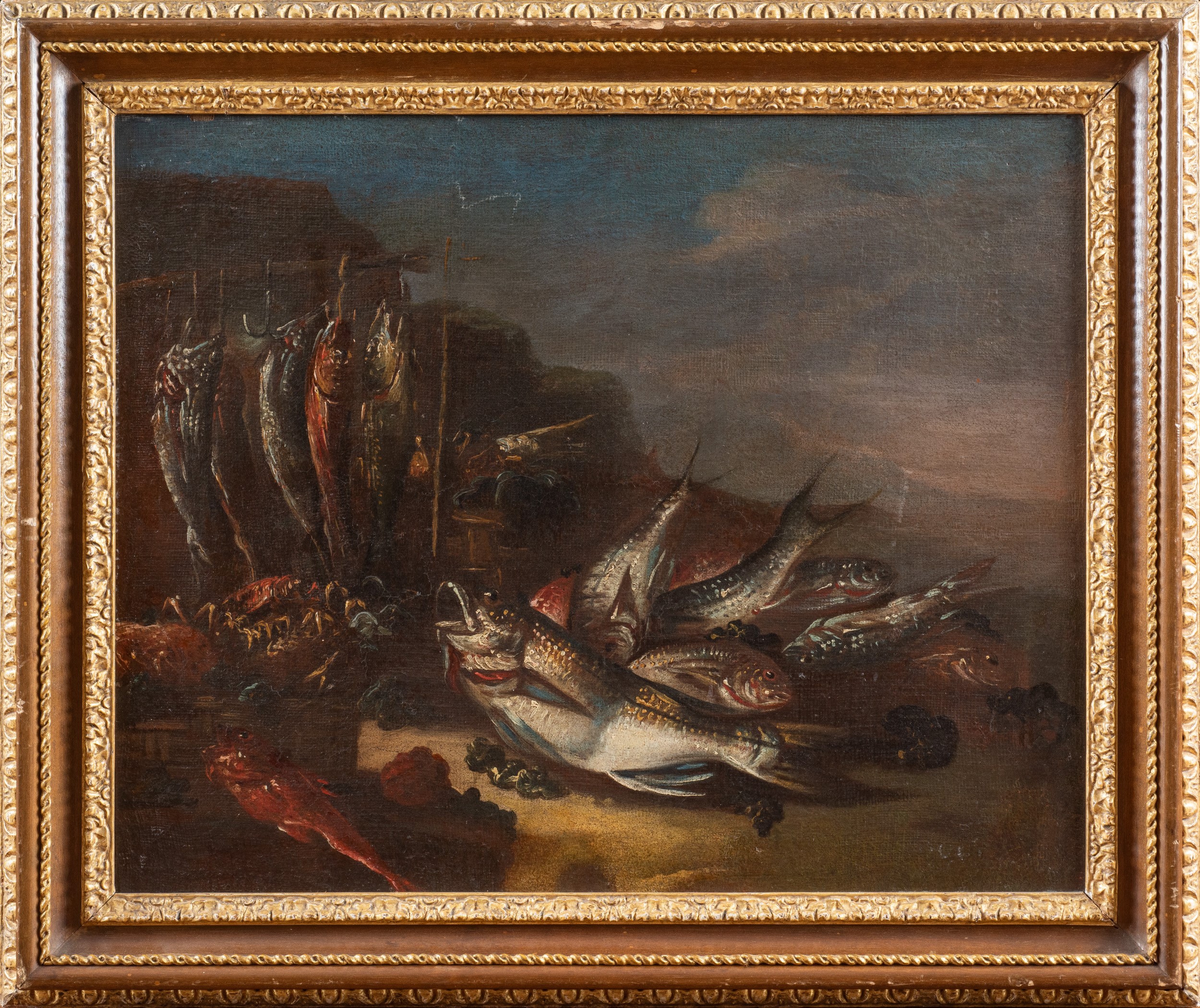 Coppia di nature morte con pesci e crostacei