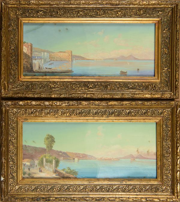 Annibale Gatti - Coppia di dipinti raffiguranti golfo di Napoli 