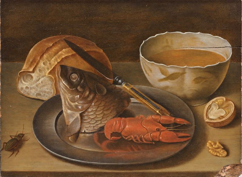 George Flegel - Natura morta con pesce, aragosta, zuppa, pane, noce e scarafaggio