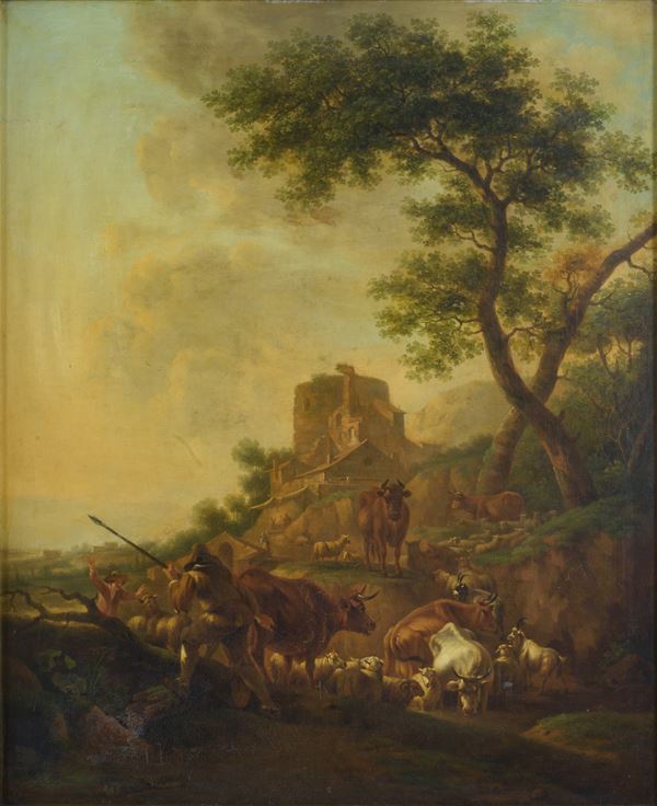 Nicolas Berchem - Paesaggio con pastori, armenti e rovine