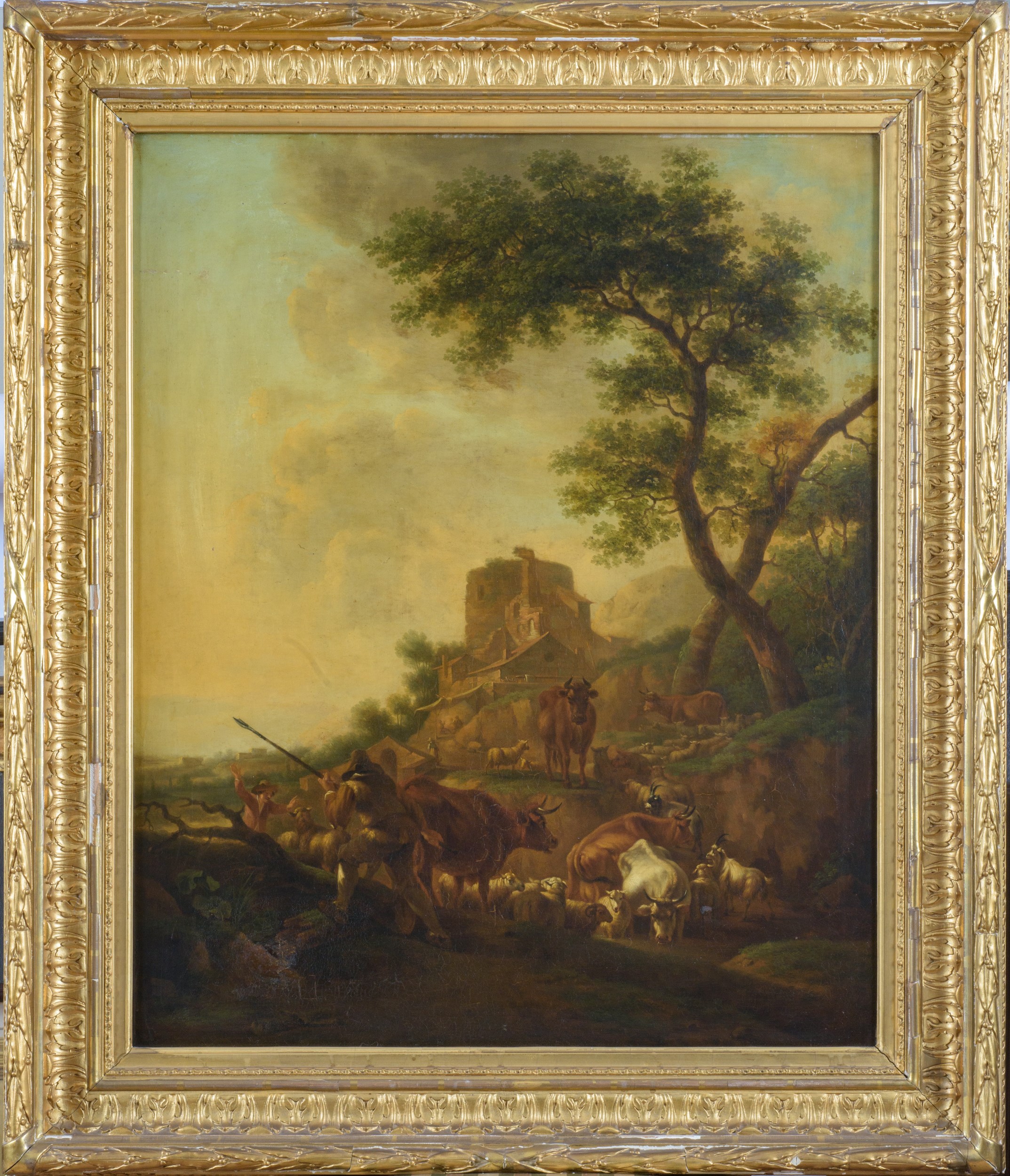 Nicolas Berchem - Paesaggio con pastori, armenti e rovine, olio su tela