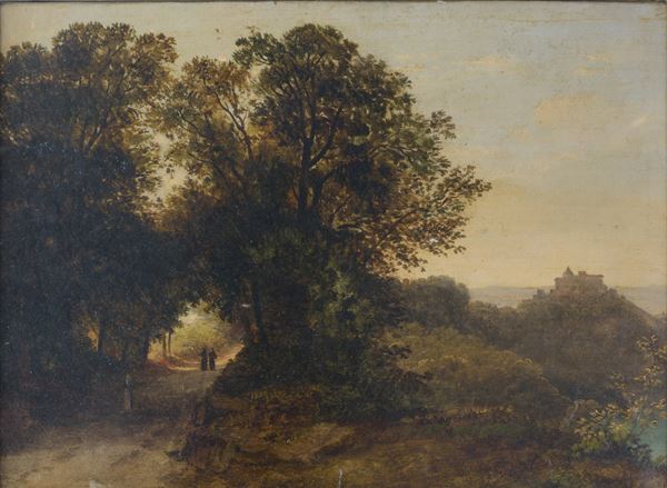 Scorcio di paesaggio con frati e castello