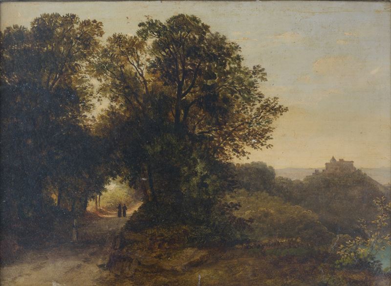 Scuola italiana, Scorcio di paesaggio con frati e castello