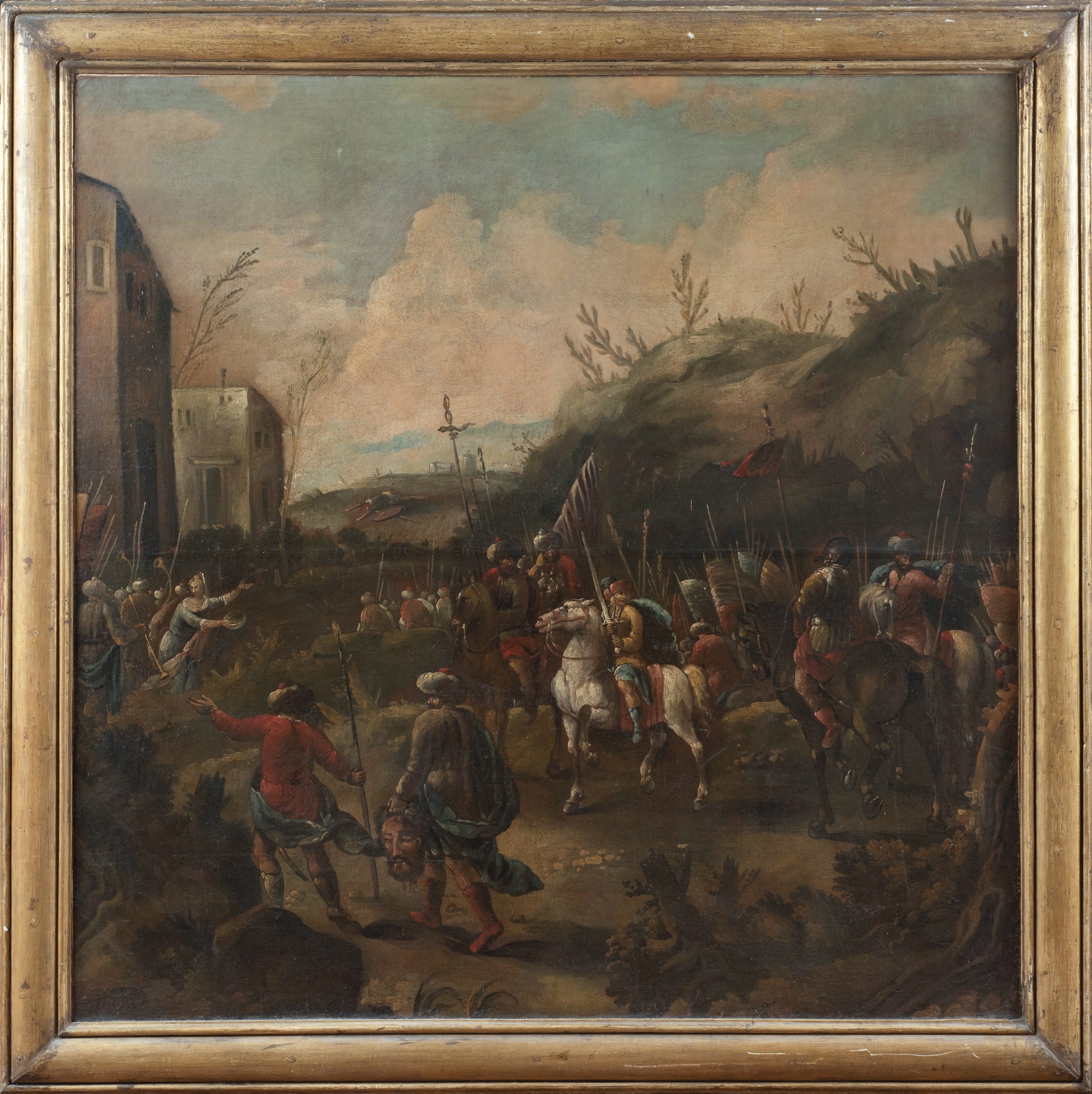 Anonimo, Truppe ottomane in marcia con trofei di guerra, olio su tela