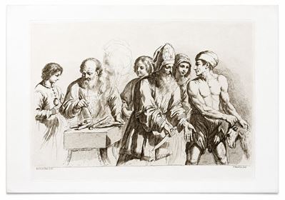 Scena religiosa con santo vescovo e figure allegoriche (da Guercino), acquaforte