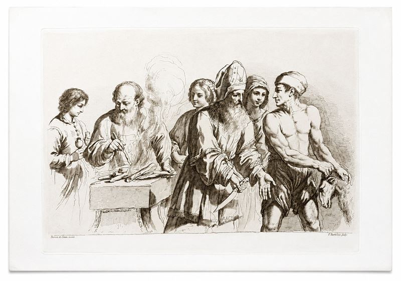 Francesco Bartolozzi - Scena religiosa con santo vescovo e figure allegoriche (da Guercino), acqu...