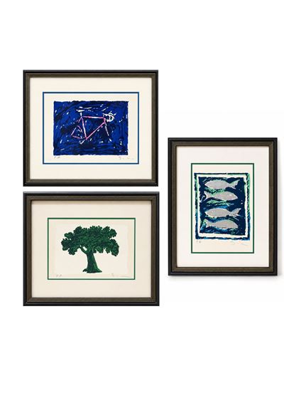 Tre litografie (Bicicletta, Pesci, Albero), litografia su carta ritoccata a mano